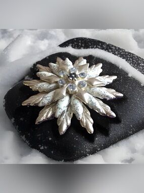 Vintage Silver and White Snowflake Brooch with Crystal Centers